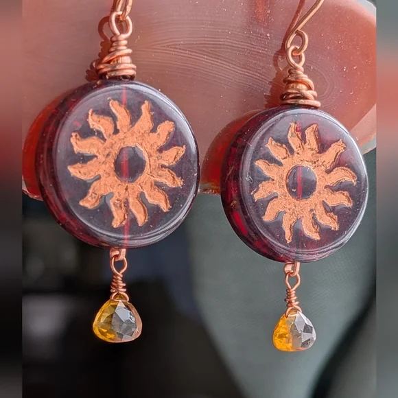 Celestial Sun Earrings Artisan Crafted Copper Wrap Congnac Citrine Drops - Picture 14 of 16